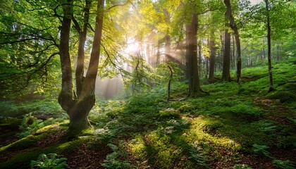 Naklejka premium lush green forest background dappled sunlight filtering through leaves creating a magical atmosphere ideal for nature themed projects websites or presentations branches magical
