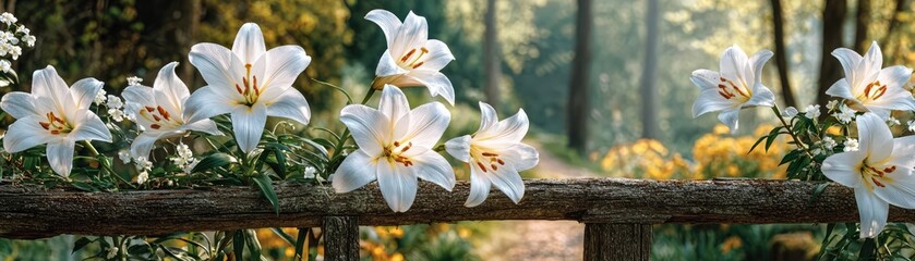 Lily cotton under arbor crown concept. Beautiful white lilies blooming in a serene forest setting.