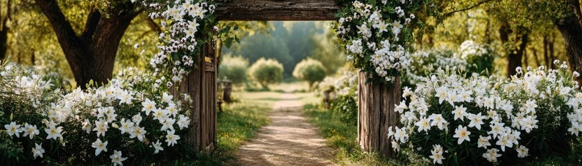 Lily cotton under arbor crown concept. A serene pathway framed by blooming white flowers and vibrant greenery.