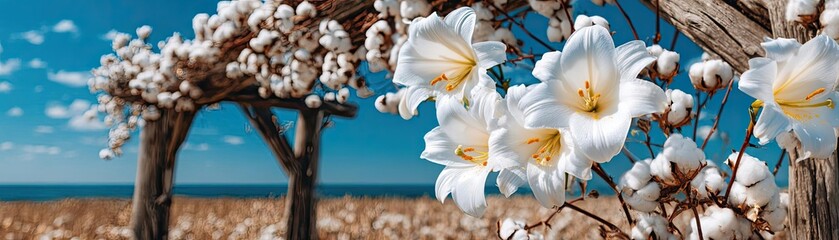 Lily cotton under arbor crown concept. Beautiful white flowers blooming under a blue sky by the shore.