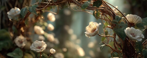 Lily cotton under arbor crown concept. A serene floral archway adorned with delicate white roses.
