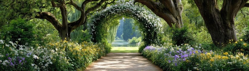 Lily cotton under arbor crown concept. A serene pathway surrounded by lush greenery and vibrant flowers.
