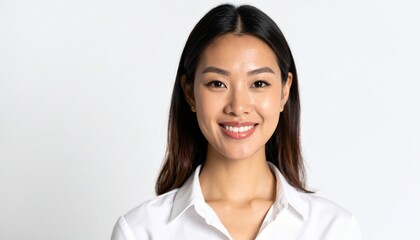 光が優しく肌を包み込む自然な照明で仕上げた白背景の女性ビジネスポートレート

