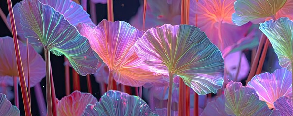Lily cotton under arbor crown concept. Vibrant illuminated leaves with a colorful glow in dark background.