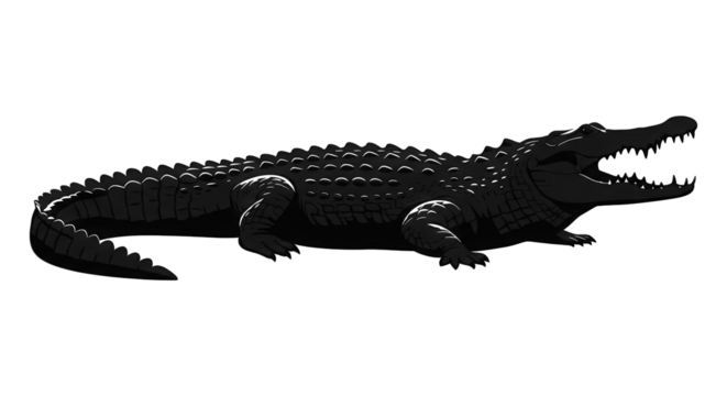 Silhouette of a fearsome black alligator with jaws wide open in the dark