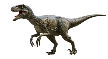 Obraz premium A full body shot of a velociraptor dinosaur with its mouth open on a white background in a studio shot