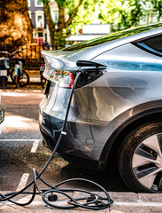 EV Charger, Public Charging Station On Street, Electric Vehicle Charge Port Door Connected,...
