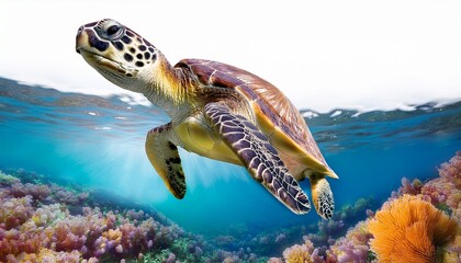 Fototapeta premium a sea turtle swimming gracefully through a floral infused ocean with a clean white backdrop