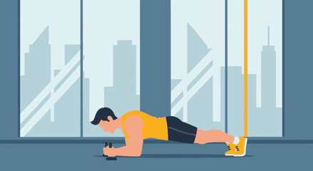 Man Doing Plank Exercise At Gym, Against Cityscape View Through Window