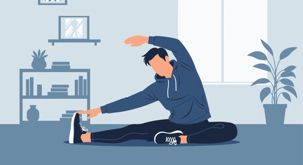 Man Doing Stretching Exercise At Home For Wellness And Wellbeing Concept