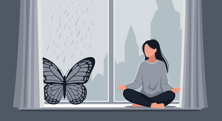 Solitude And Serenity Woman Meditating On Window Sill During Rainy Day