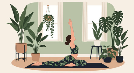 Peaceful Yoga Practicing At Home With Greenery For Mind And Body Wellness