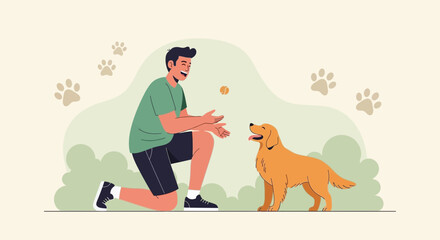Man Playing Fetch With His Golden Retriever Dog Outdoors In The Park