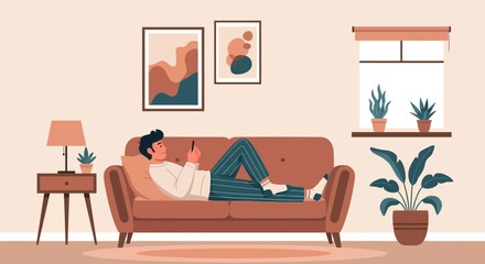 Man Relaxes At Home Using His Smartphone On The Comfortable Sofa