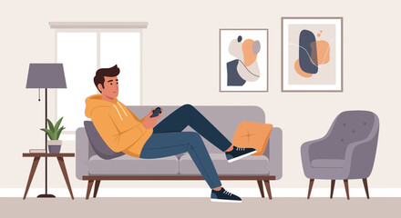 Man Relaxes On Sofa While Using Mobile Phone At Home In Modern Interior