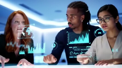 Diverse Team Analyzing Data Hologram. (1) - Powered by Adobe
