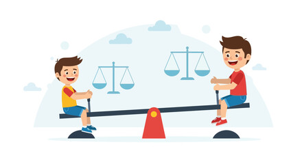 Playful Balance Two Cartoon Boys on Seesaw with Scales Symbols Concept