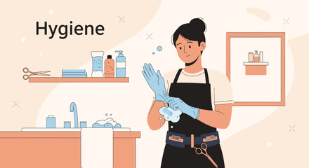 Professional Beauty Service Preparing For Work Puts On Gloves In A Clean Environment