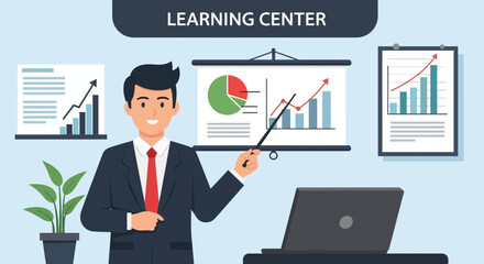 Presenting Business Data Charts By Professional Man In Formal Wear Learning Center