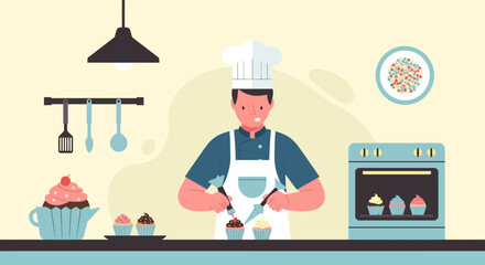 Professional Confectioner Decorating Cupcakes In Kitchen For Cooking Show Or Bake Sale