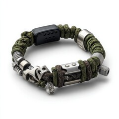 A multipurpose survival bracelet with embedded tools, clean product display on white background 