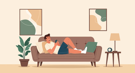 Relaxing At Home Man Using Smartphone While Lying On The Sofa Indoors