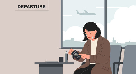 Sad Woman With Passport at Departure Lounge Reflecting on Travel Plans