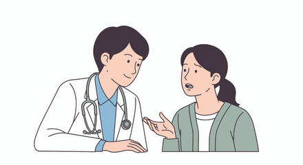 Doctor consults with female patient white coat stethoscope concerned expression light background