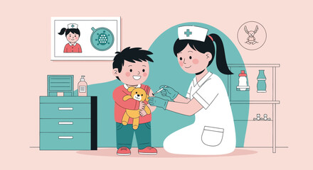 Nurse giving vaccination to a child with teddy bear in the hospital, healthcare illustration vector design and medical concept