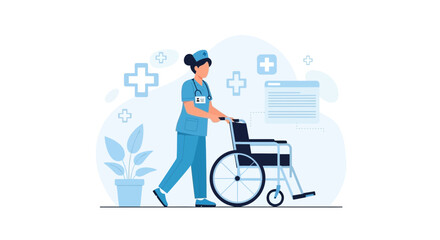 Nurse Pushing Wheelchair Illustration For Healthcare Concept Design Idea