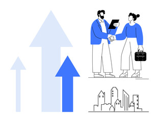 Handshake between two people with documents, arrows indicating growth, and a cityscape outline. Ideal for business collaboration, teamwork, urban development, progress, success, innovation
