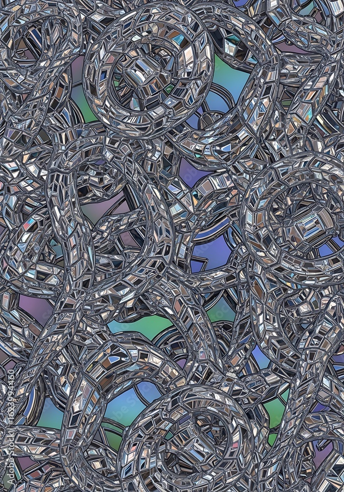 Poster abstract reflective mosaic pattern with swirling shapes evokes futuristic themes creating visual