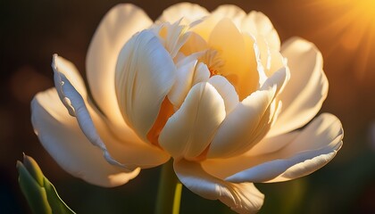 hyperrealistic macro shot of a single white double tulip as a warm golden ray of light touches one side of the flower the petal edges catch the light glowing softly the tulip is beginning to open