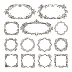 Obraz premium Art of collection of ornate decorative frames and borders with vintage scrollwork and elegant filigree designs, isolated on white background