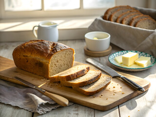 Delicious Freshly Sliced Rye Bread with Butter for Breakfast