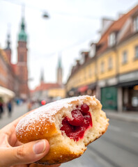 Delicious Powdered Doughnut with Berry Filling on a European Street