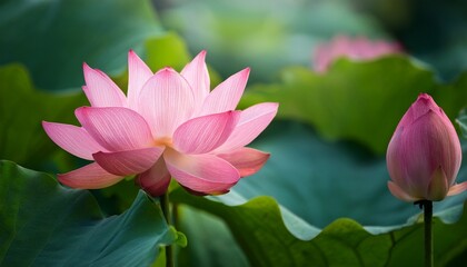 elegant pink lotus flower blooming amidst lush green leaves