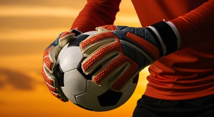 Goalie's Grip: The focused grasp of a goalkeeper, perfectly poised, cradling a soccer ball, showcasing strength and readiness against a vibrant sunset backdrop.