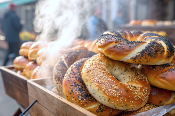Steaming Freshly Baked Bagels on Display at a Market