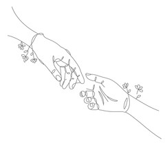 Two Hands Reaching Line Drawing – Minimalist Continuous Line Art Symbolizing Connection and Support