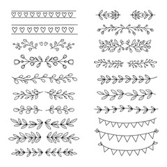 Art of collection of handdrawn botanical dividers and borders featuring leaves, flowers, and vines, isolated on white background