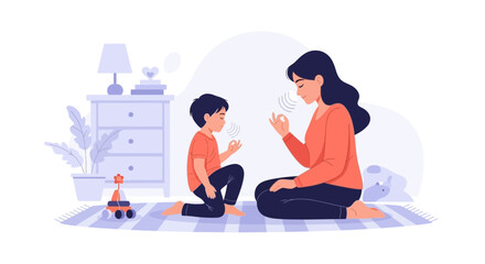 Speech Therapy Session With Mom And Kid At Home In Cozy Environment