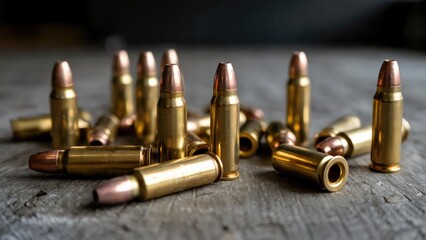 Close-up of scattered golden ammunition cartridges with copper tips on a textured surface