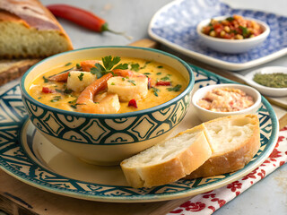 Delicious Seafood Soup with Shrimp and Bread on Patterned Plate