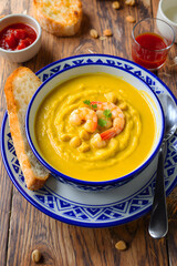Delicious Seafood Soup with Shrimp and Bread on Patterned Plate