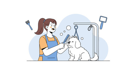 Stylized Woman Grooming Small White Dog In A Pet Salon Illustration