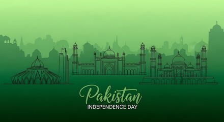 Fototapeta premium Pakistan Independence Day: Green Skyline of Iconic Mosques and Modern Architecture