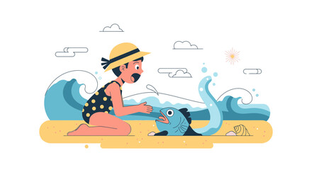 Surprised Girl Encountering a Mysterious Sea Creature on Summer Beach