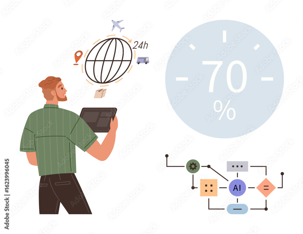 Poster man with tablet monitors global logistics, ai workflow, interconnected systems, and data progress. i