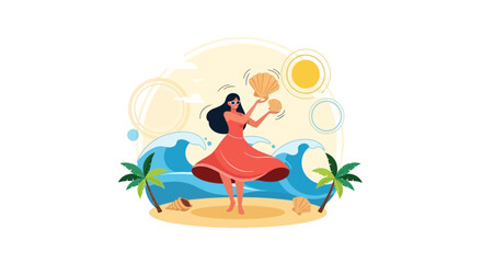 Naklejka premium Woman Enjoying Summer On A Beach With Seashells Graphic Illustration